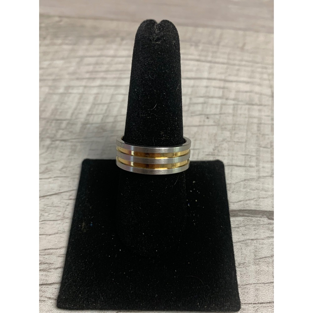 Mens Two Tone Silver Gold Band Ring Brushed Finish Modern Minimalist Sz 9.5 3418
